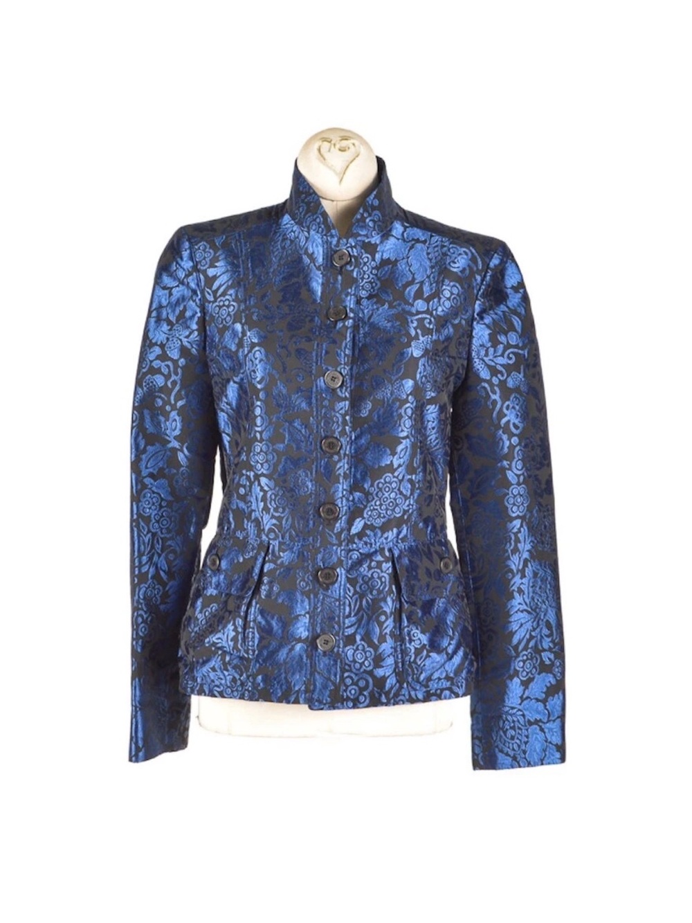 Burberry Blue Floral Brocade Stand-Collar Jacket